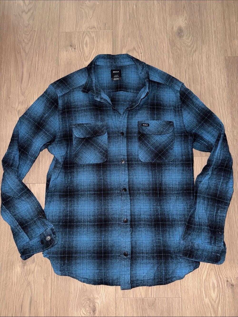 RVCA Men's Blue and Black Plaid Button-Down Shirt